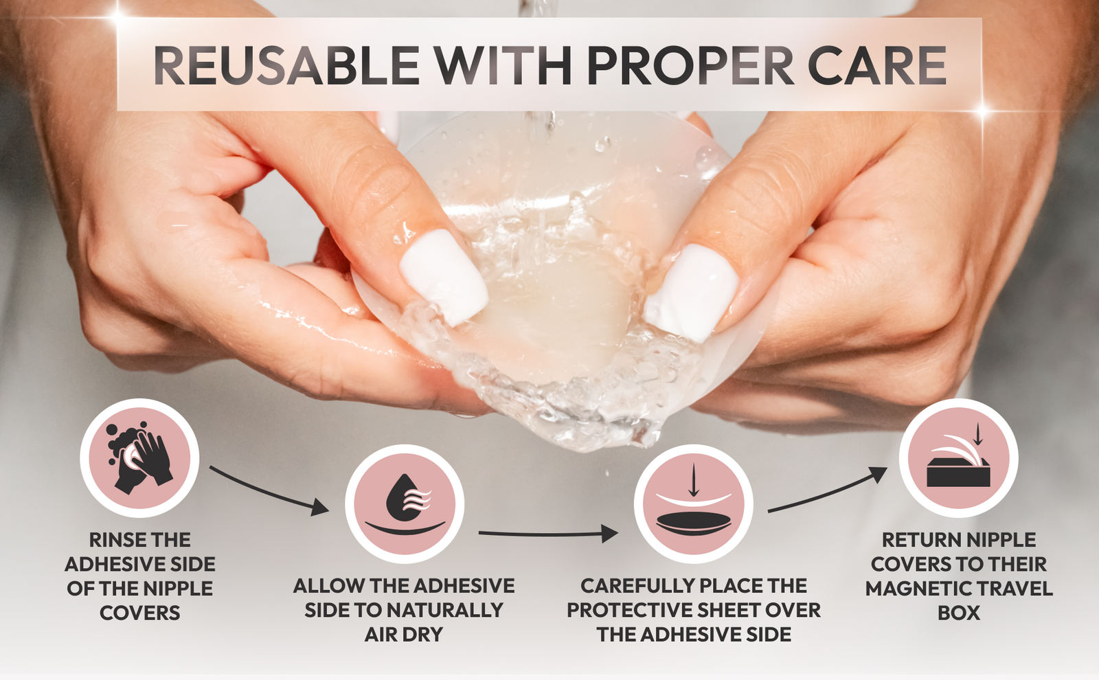 Reusable with proper care: rinse the adhesive side, air dry, replace the protective sheet, store in the magnetic travel box